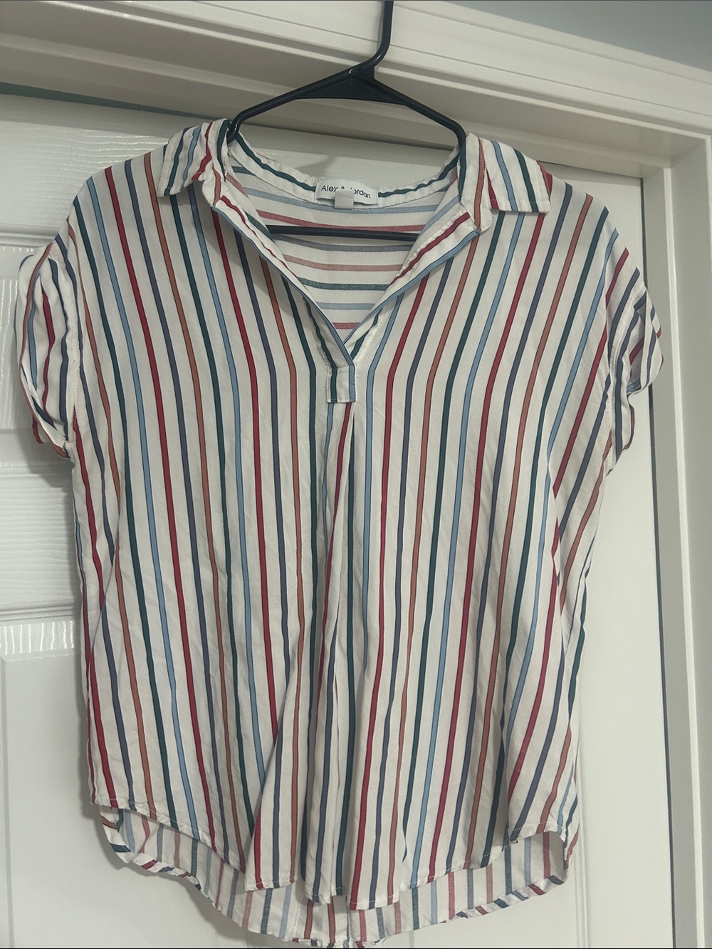 Alex & Jordan Striped Short-Sleeve Collared Top - White with Red & Blue Stripes